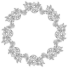 Elegant round frame with contours of flowers.  Vector clip art.