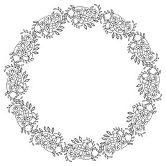 Elegant round frame with contours of flowers.  Vector clip art.