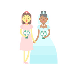 Wedding couple, cute flat characters, brides, happy  girls