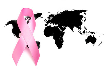 Obraz na płótnie Canvas World cancer day : Breast Cancer Awareness Ribbon on world map .
