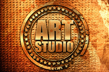 art studio, 3D rendering, grunge metal stamp