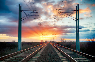 Fototapeta na wymiar Railway, railorad at sunset