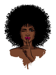 Young sexy dark skinned women. Afro american girl holding hand near her face. Print with dark skin female face on white background