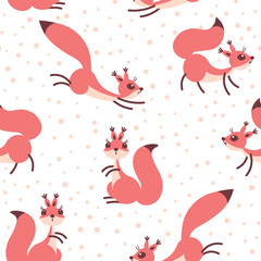 Little cute squirrels under snowfall. Seamless winter pattern for gift wrapping, wallpaper, childrens room or clothing.