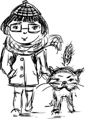 sketch of a girl with her cat on a walk