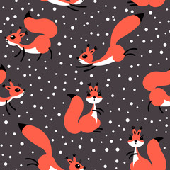 Fototapeta premium Little cute squirrels under snowfall. Seamless winter pattern for gift wrapping, wallpaper, childrens room or clothing.