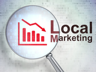 Marketing concept: Decline Graph and Local Marketing with optical glass