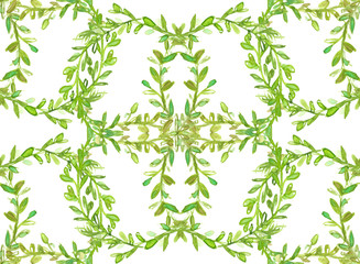 Seamless pattern with green leaves and branches painted in watercolor on white isolated background