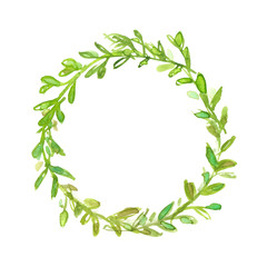 Simple round green wreath painted in watercolor on clean white background