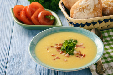 Potato cream soup with cheese and bacon.