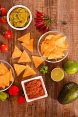 Guacamole and nacho chips. 