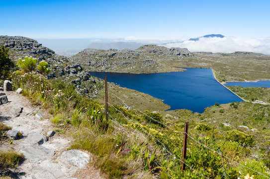 View over Hely-Hutchinson dam from a hiking trail on Table Mountain in Cape Town. It&rsquo;s a sunny summer day with blue sky. A rusty fence in the foreground borders the path