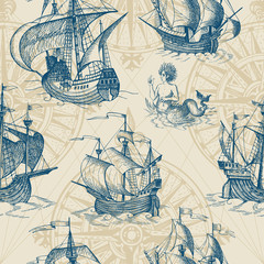 Old caravel, vintage sailboat, sea monster. Vector seamless pattern