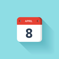 April 8. Isometric Calendar Icon With Shadow.Vector Illustration,Flat Style.Month and Date.Sunday,Monday,Tuesday,Wednesday,Thursday,Friday,Saturday.Week,Weekend,Red Letter Day. Holidays 2017.