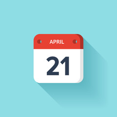April 21. Isometric Calendar Icon With Shadow.Vector Illustration,Flat Style.Month and Date.Sunday,Monday,Tuesday,Wednesday,Thursday,Friday,Saturday.Week,Weekend,Red Letter Day. Holidays 2017.