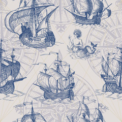 Old caravel, vintage sailboat, sea monster. Vector seamless pattern