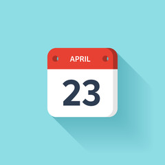 April 23. Isometric Calendar Icon With Shadow.Vector Illustration,Flat Style.Month and Date.Sunday,Monday,Tuesday,Wednesday,Thursday,Friday,Saturday.Week,Weekend,Red Letter Day. Holidays 2017.