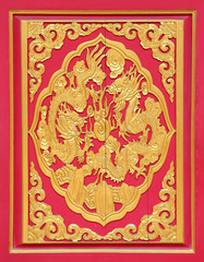  golden dragon decorated on red wood wall,chinese style in temple at Wat-Leng-Noei-Yi2 , Bang-Bua-Thong, Nonthaburi, Thailand