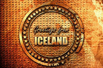 Greetings from iceland, 3D rendering, grunge metal stamp