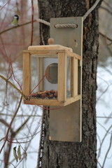 Birdhouse-feeder in the snowbound winter city park