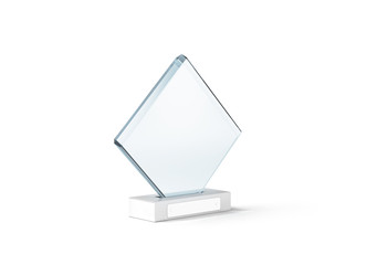 Blank glass trophy mockup stand on clear marble base, 3d rendering. Empty acrylic award design mock up. Transparent crystal prize plate template. First place prise plaque, isolated on white.