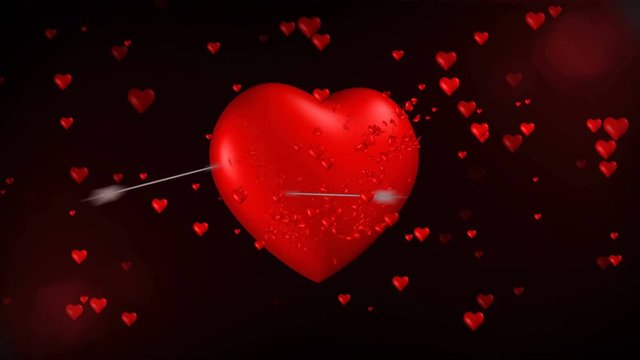 3d animation of giant romantic red heart get shot by many cupid arrows and burst into little red hearts with final blow. Abstract heart background pattern in flirting, love and valentine concept 4k