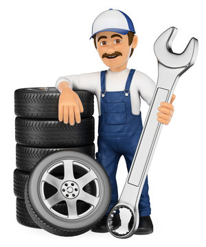 3D Mechanic with a stack of tyres and a huge wrench