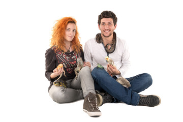 young couple with pets