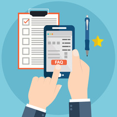 Illustration of a long shadow smart phone with the text FAQ