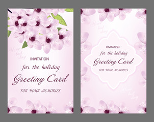 Set of wedding card. Decorative greeting card or invitation design with cherry flower. Vector illustration.