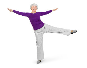 happy charming beautiful elderly woman doing exercises while working out playing sports. On a white background