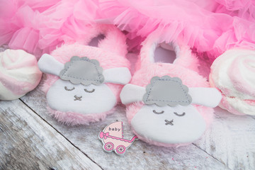 Pink little girlie baby shoes on a wooden floor