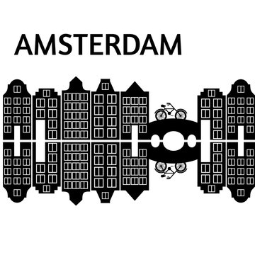 Amsterdam city flat art. Travel landmark, architecture of netherlands, Holland houses, european building isolated bridge and bike
