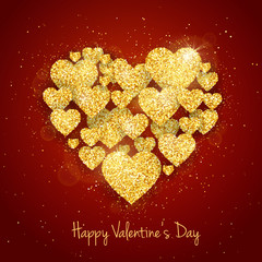 Vector Happy Valentine's Day greeting card with sparkling glitter gold textured hearts on red background in heart shape