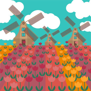 Amsterdam city flat art. Travel landmark, architecture of netherlands, Holland houses, windmill in tulips