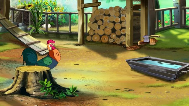Beautiful Colorful Cartoon Rooster on the Farm in a Summer Morning. Handmade animation,  motion graphic.