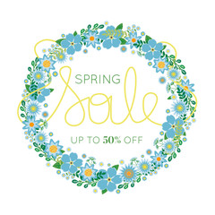 Handwritten Spring Sale Blue Flowers Wreath