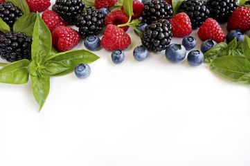 Various fresh summer berries on white background. Ripe raspberries blackberries blueberries mint and basil leaves. Berries at border of image with copy space for text.