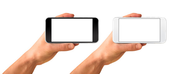 Obraz na płótnie Canvas Man hand holding horizontal the black and white smartphone