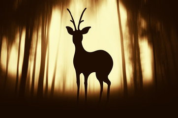 Deer silhouette in forest, nature themed stylized illustration. Sunset light in wildlife animal and trees in woods landscape background