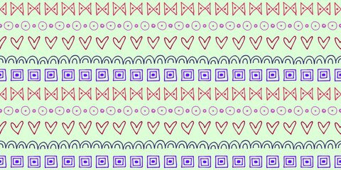 Seamless vector pattern. Ethnic geometrical background with hand drawn little decorative elements. Ethno design. Graphic tribal illustration. Template for wrapping, background, wallpaper, cover