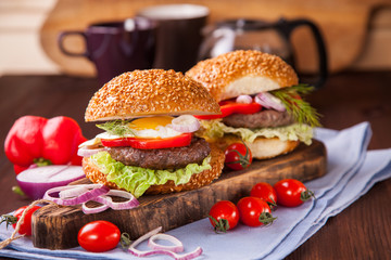 hamburgers on a table, selective focus, copy space