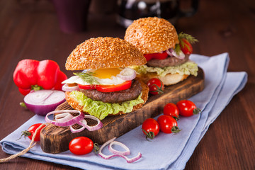 hamburgers on a table, selective focus, copy space