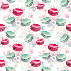 Watercolor macaroons and flowers seamless pattern. Hand painted texture with food objects on white background. French dessert wallpaper design