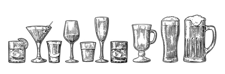 Set glass beer, whiskey, wine, tequila, cognac, champagne, cocktails, grog.