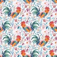 Watercolor ornate rooster and cute floral elements on background. © Tanya Syrytsyna