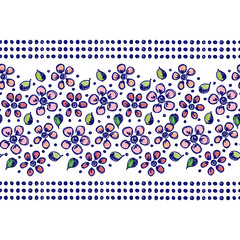 Seamless vector hand drawn floral pattern, endless border Colorful frame with flowers, leaves. Decorative cute graphic line drawing illustration. Print for wrapping, background, fabric, decor, textile