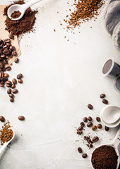 Background with assorted coffee, coffee beans, ground and instant, pads and capsules, retro slyle...