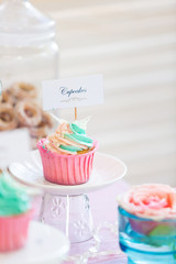 Vanilla cupcakes with pink frosting and glittery butterflies, over dot background. Fun!