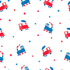 Watercolor toy trains seamless pattern. Vector illustration for kids design. 